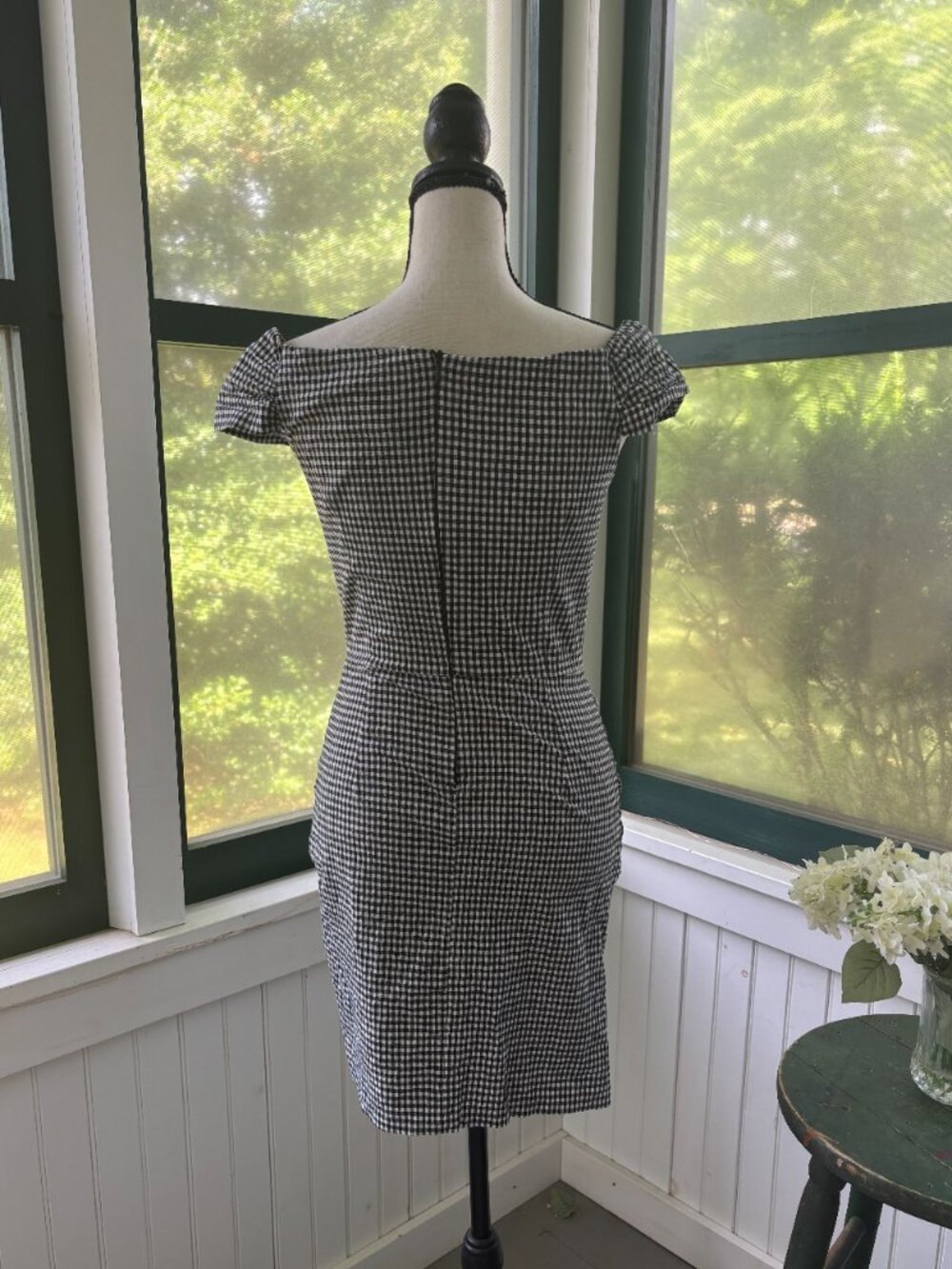 Aqua Gingham Off-the-Shoulder Ruched Mini Dress | Black & White | Size Medium | - Picture 3 of 6